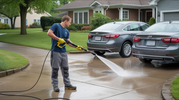 Red Car Being Washed by a Garage