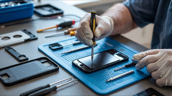 Professional repair of a smartphone's internal components using precise tools.