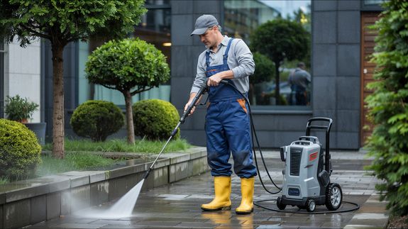 Man Cleaning Stairs on Street