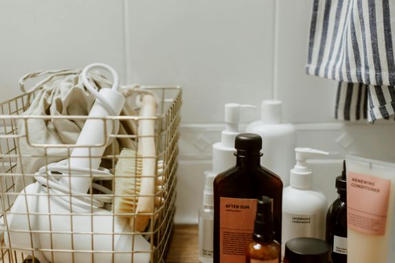 Basket With Hair Dryer next to Cosmetics