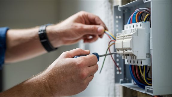Silhouette of Two Electricians Working