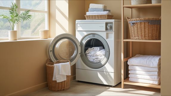 A Woman Wearing a White Shirt Doing a Laundry Using a Washing Machine
