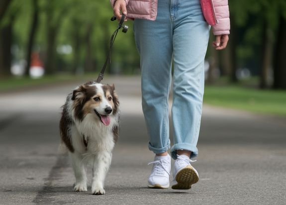 Crop woman walking with cute puppy