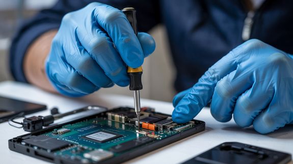 Detailed shot of smartphone repair with a screwdriver and hand close-up.