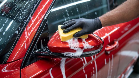 Photo of a Person Cleaning the Window of a Black Car