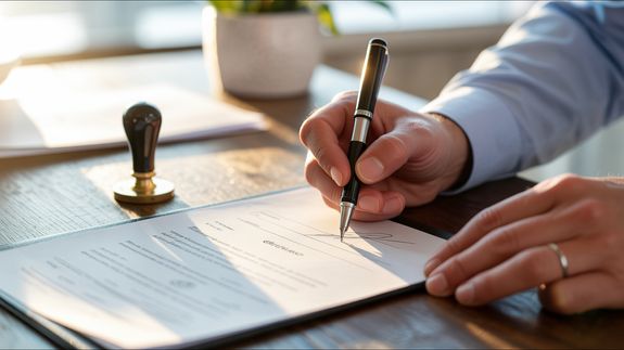 Woman with manicured nails examining documents at a desk, emphasizing detail and professionalism.