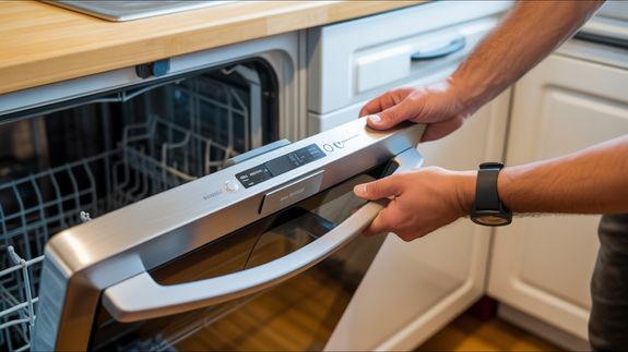 A Person Holding White Front Load Washing Machine
