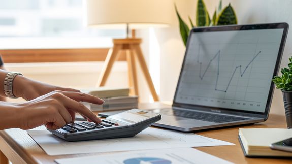 A close-up view of two colleagues analyzing business graphs and charts together.