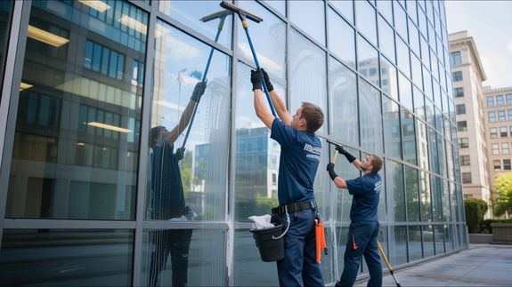 Men Hanging in Ropes Cleaning the Building Glass Windows