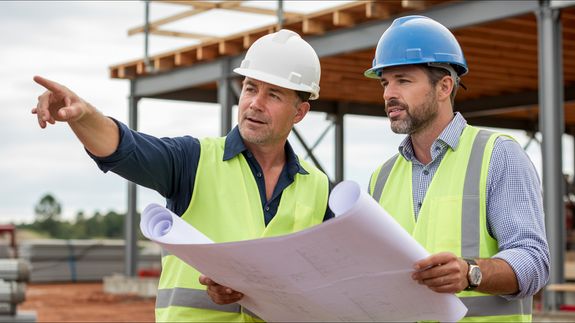 Male constructor drawing draft on paper roll