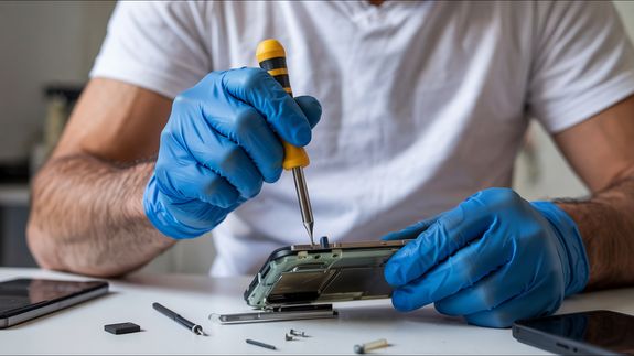 Detailed shot of smartphone repair with a screwdriver and hand close-up.