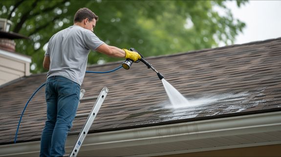 Man Cleaning Cobblestone Street