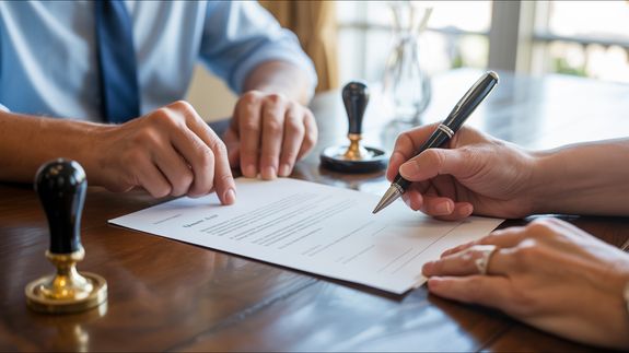 Close-up of a person holding a contract document next to a laptop during a work session.