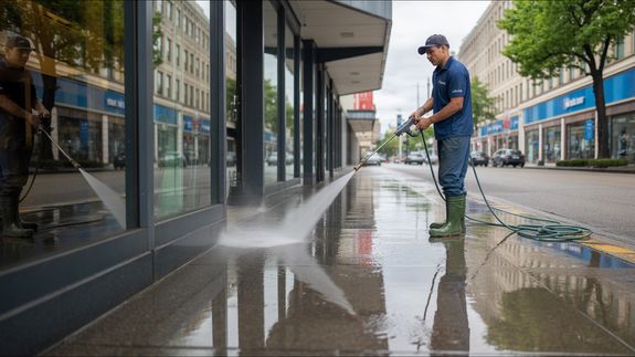 A man is washing the street with a hose