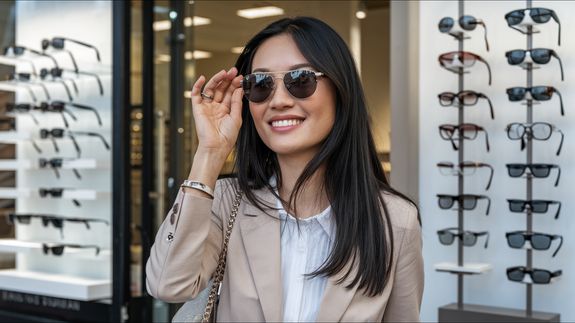 Unrecognizable female ophthalmologist putting eyeglasses on face of patient while choosing proper lenses in professional optical clinic with blurred background