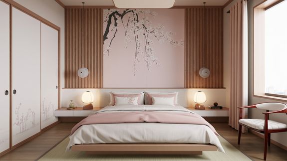 Side view of young ethnic male making bed while cleaning stylish hotel room with vintage furniture and red walls