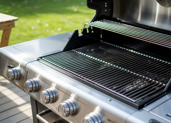From above yummy steaks and meat sausages roasting on grill grid near organic capsicum during picnic