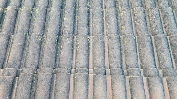 Detailed close-up image of textured concrete roof tiles with a natural pattern.