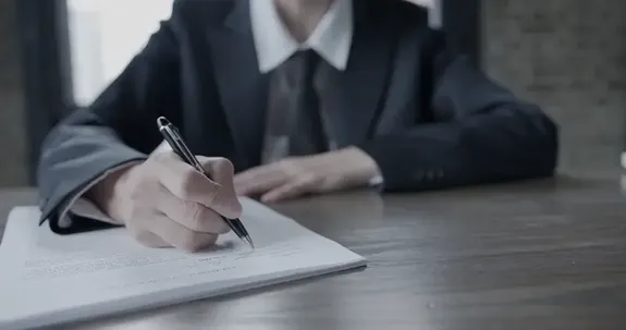 Two professionals at a desk, using a laptop and taking notes in a collaborative work setting.