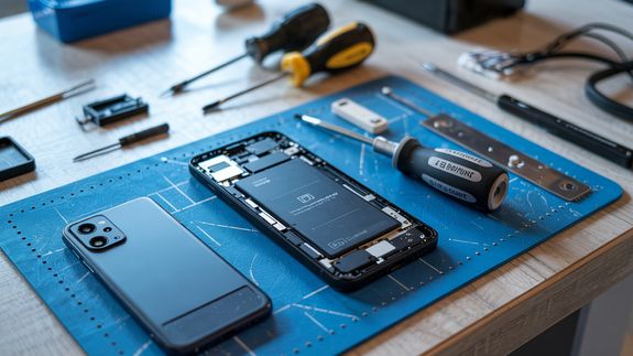 Two broken smartphone screens on an orange background, illustrating device fragility.