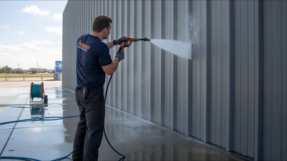Concentrated man washing automobile at car wash