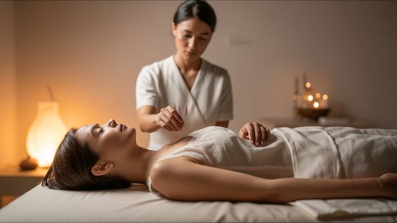 Crop anonymous male client with needle in hand lying on couch during treatment therapy in salon