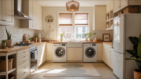 White Washing Machine with Beige Towels