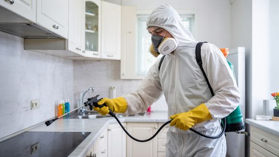 A Woman in a Protective Suit Fumigating