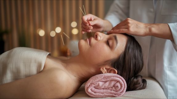 Crop anonymous male client with needle in hand lying on couch during treatment therapy in salon
