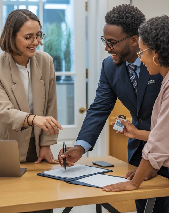 Crop businessman giving contract to woman to sign