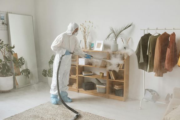 A Woman Fumigating a Wooden Shelf 