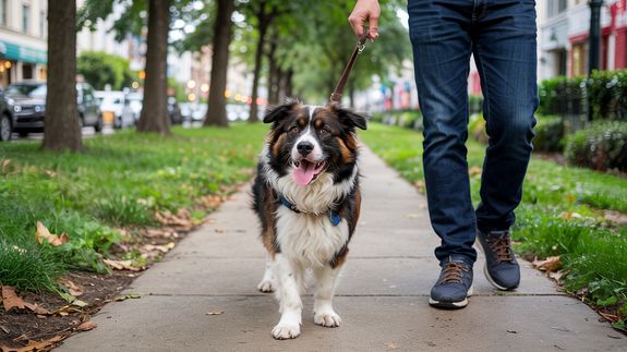 Person Holding Pet Dog Leash While Standing on Concrete Road