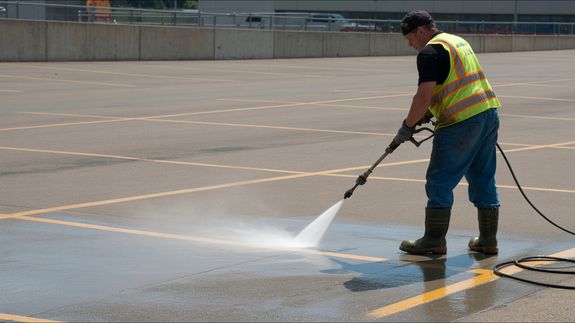 Person in Yellow Helmet Using a Power Spray