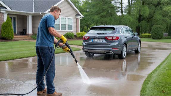 Man Cleaning Cobblestone Street