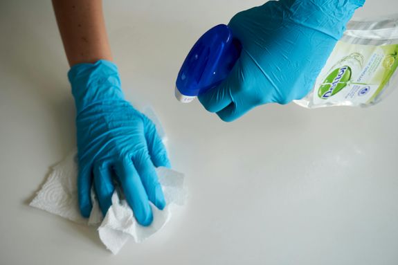 Person Wearing Blue Gloves Cleaning