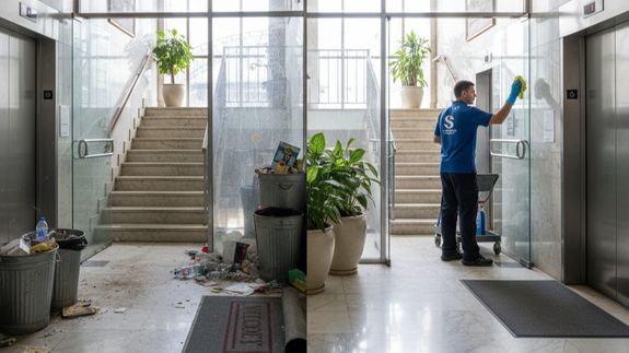 A professional cleaner in protective gear vacuuming the floor in a modern living room.