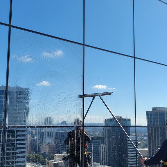 A long white kitchen with wooden floors and a window