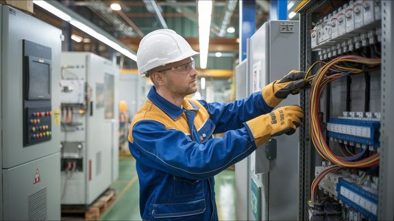 Side view crop concentrate African American male mechanic in jeans and white shirt using screw gun while working with hardware