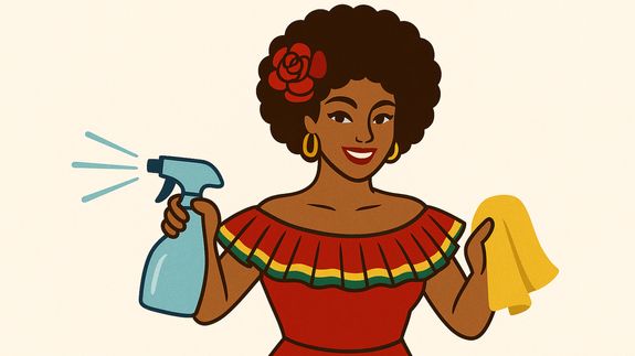 Woman Wearing Apron Cleaning Window Glass