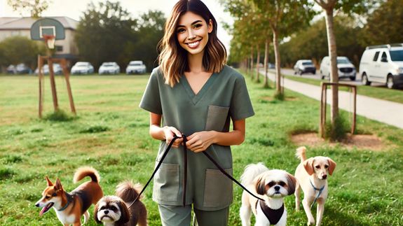 Crop anonymous female owner strolling with group of dogs of different breeds on leashes on rural road in sunny countryside